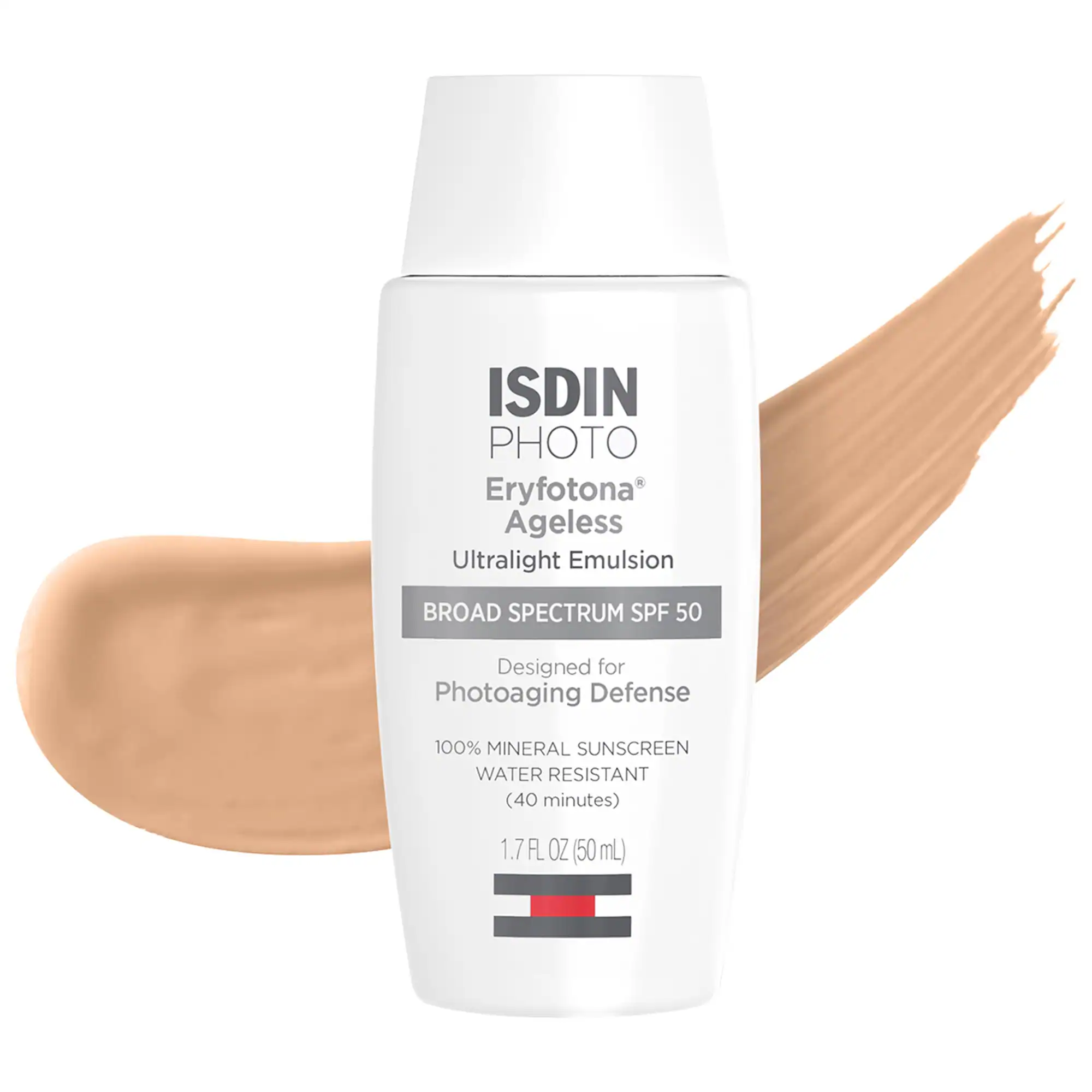 ISDIN Eryfotona Ageless Ultralight Tinted Mineral Sunscreen SPF 50 to even tone and fight photoaging with Peptides and Vitamin E 50